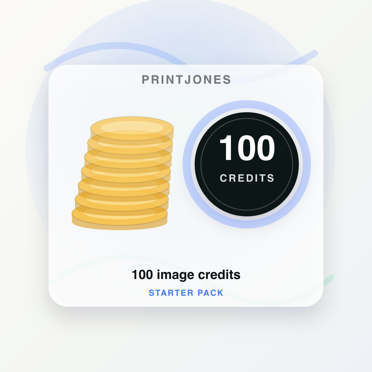Stack of coins beside a 100 image credits badge