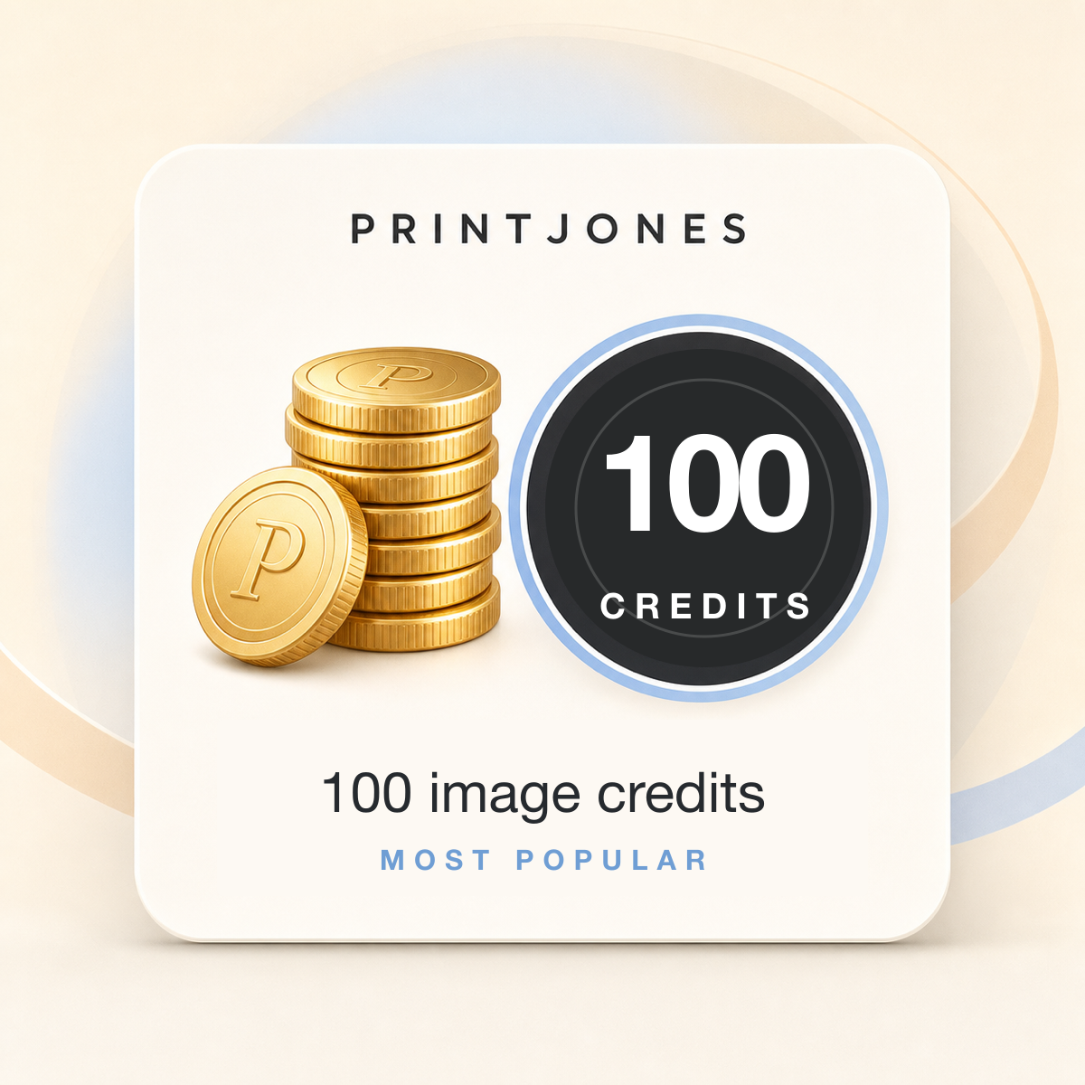 Stack of coins beside a 100 image credits badge