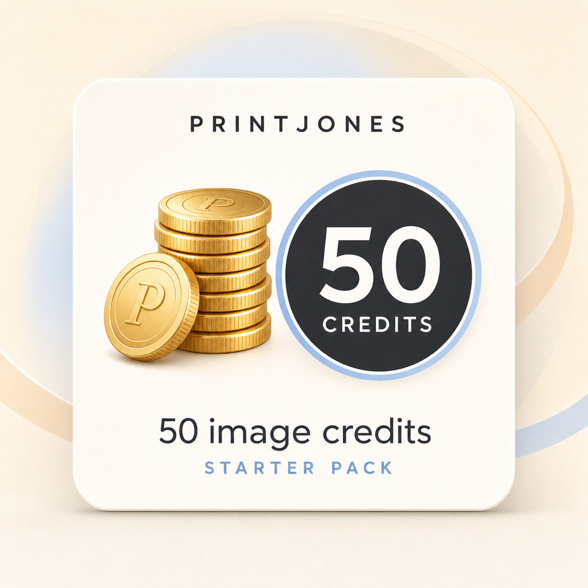 Stack of coins beside a 50 image credits badge