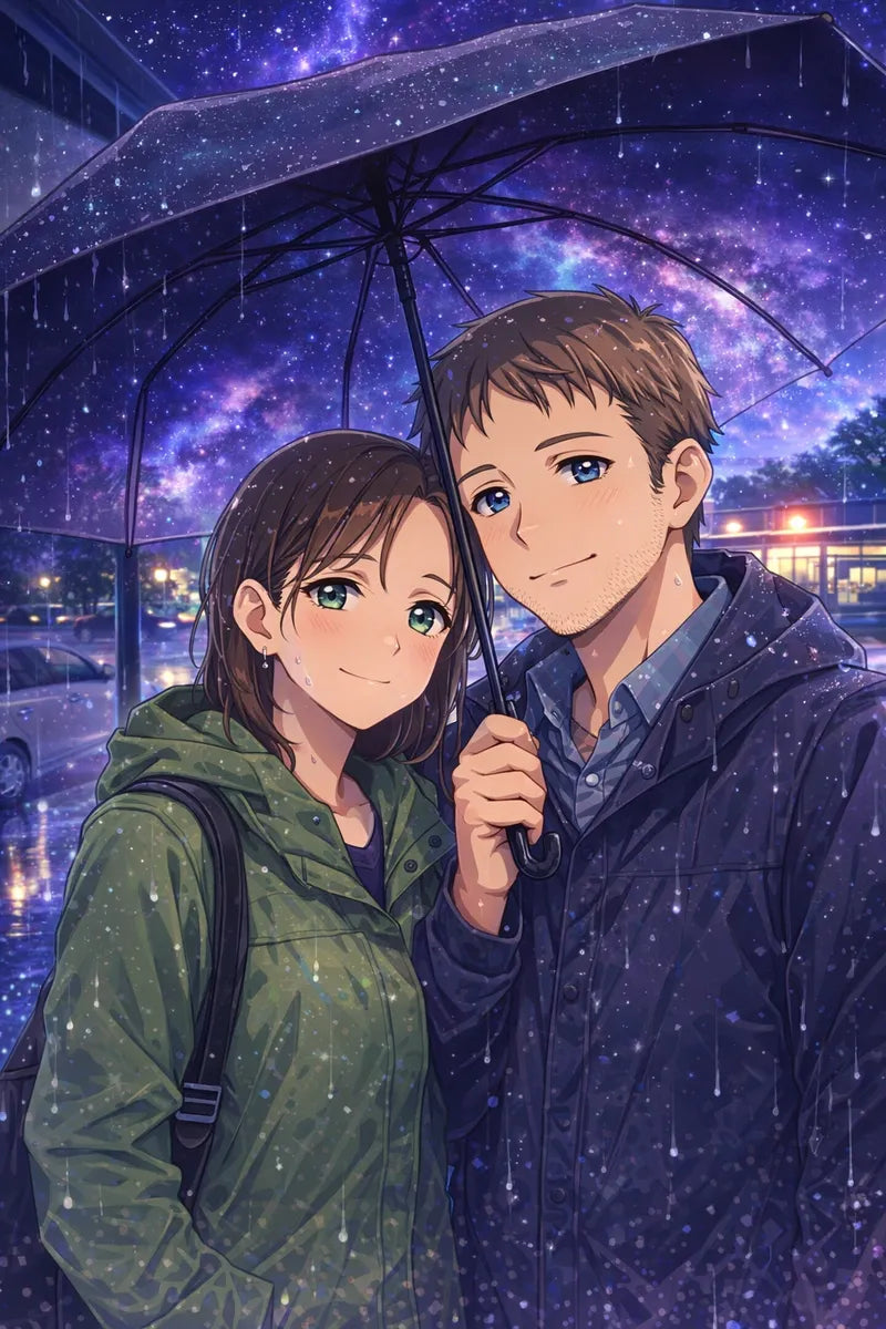 Galaxy anime romance illustration of a couple under an umbrella