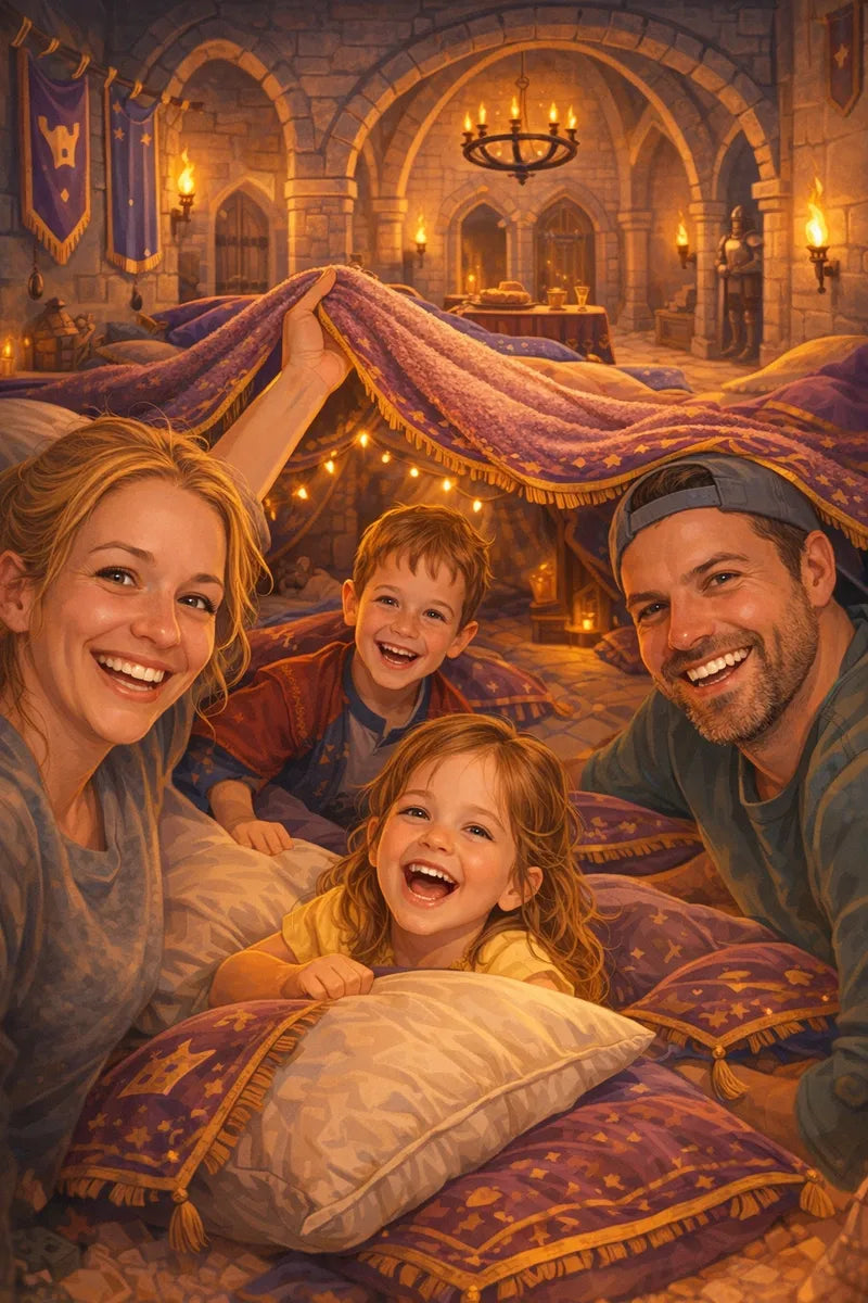 Cartoon castle adventure illustration of a family blanket fort