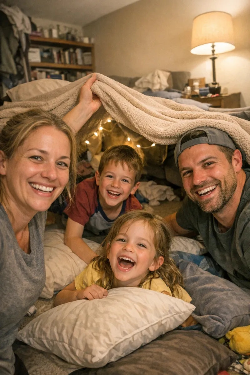 Candid family photo during a living-room blanket fort