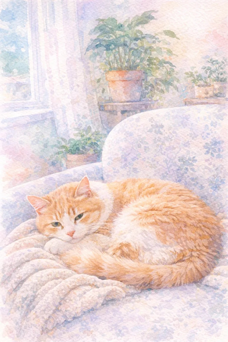 Cool pastel watercolor portrait of an orange tabby cat