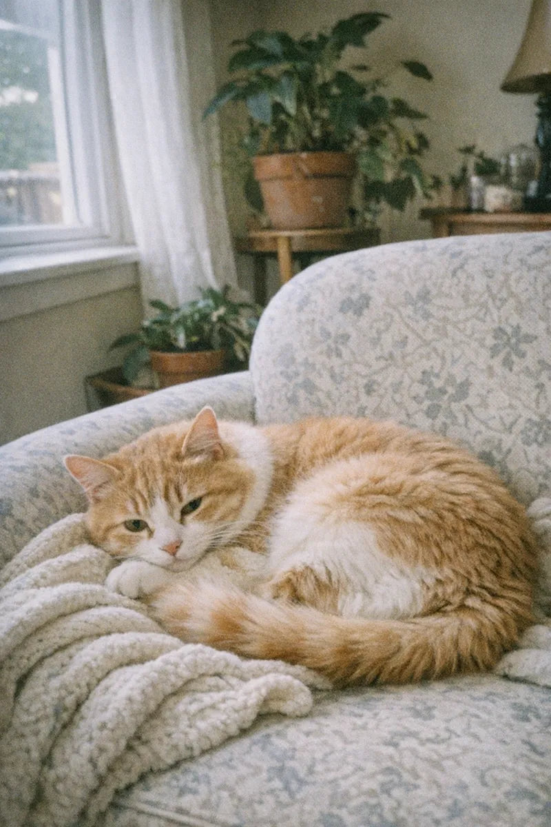 Cozy snapshot of an orange tabby cat on a patterned chair