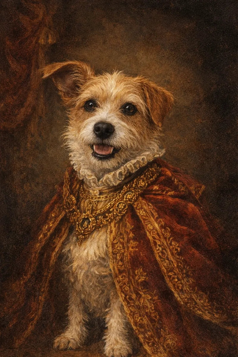 Oil painting portrait of a terrier as a tiny aristocrat