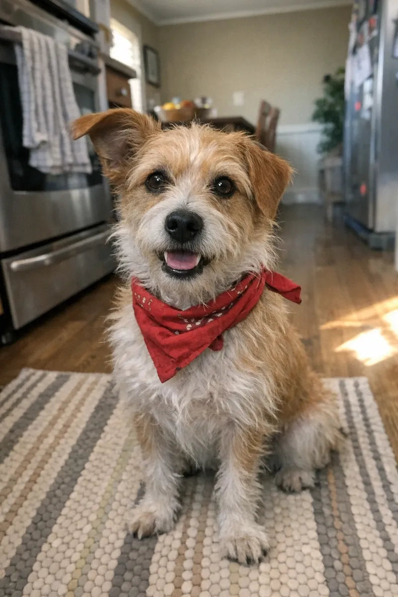 Casual home photo of a terrier on a kitchen rug